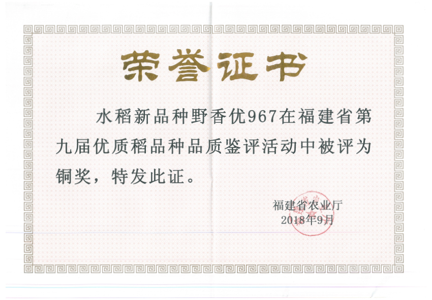 野香优967在福建省优质稻谷品种品鉴评审活动中评为铜奖